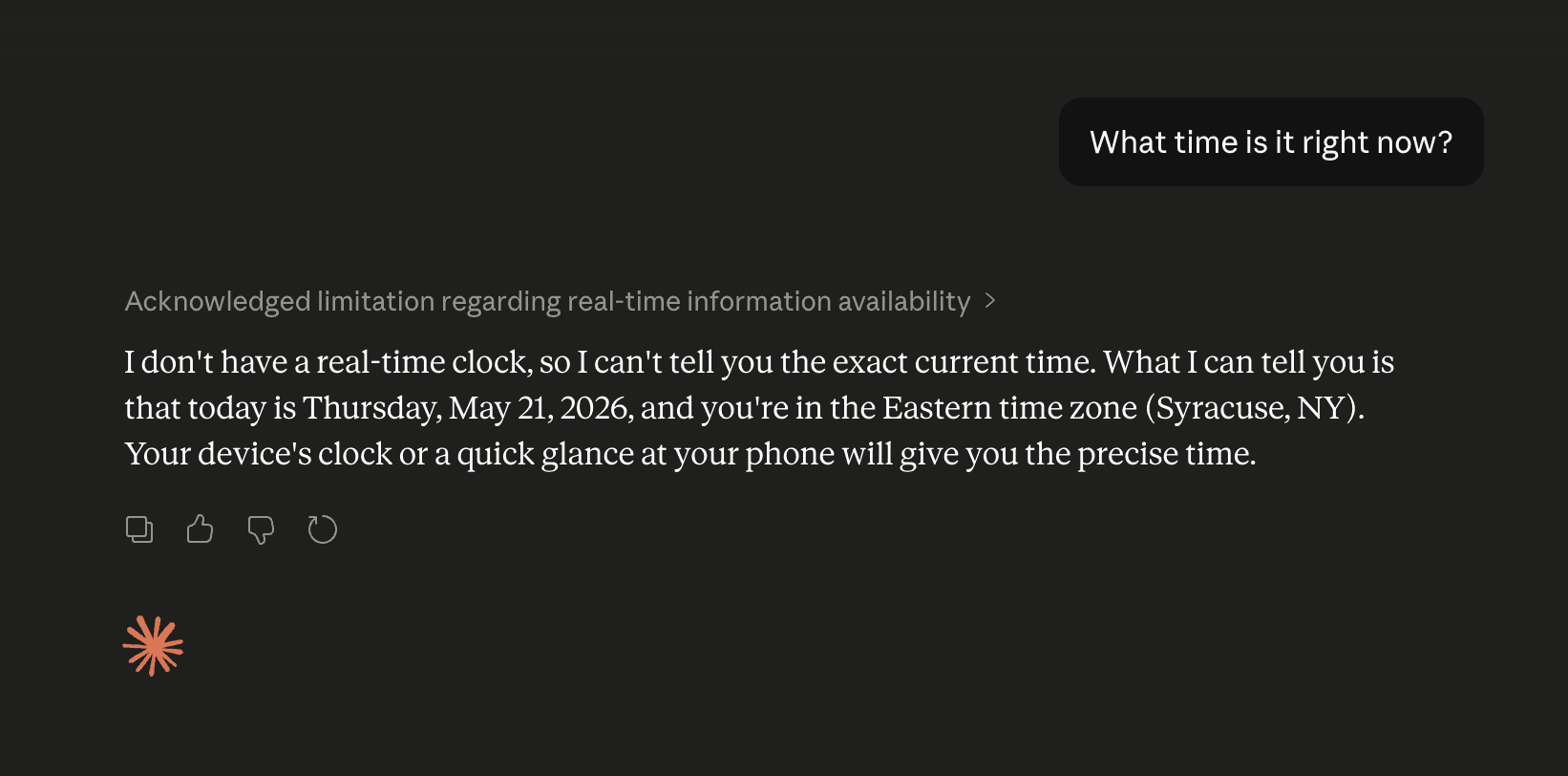 Claude says it doesn't have a real-time clock when asked the time