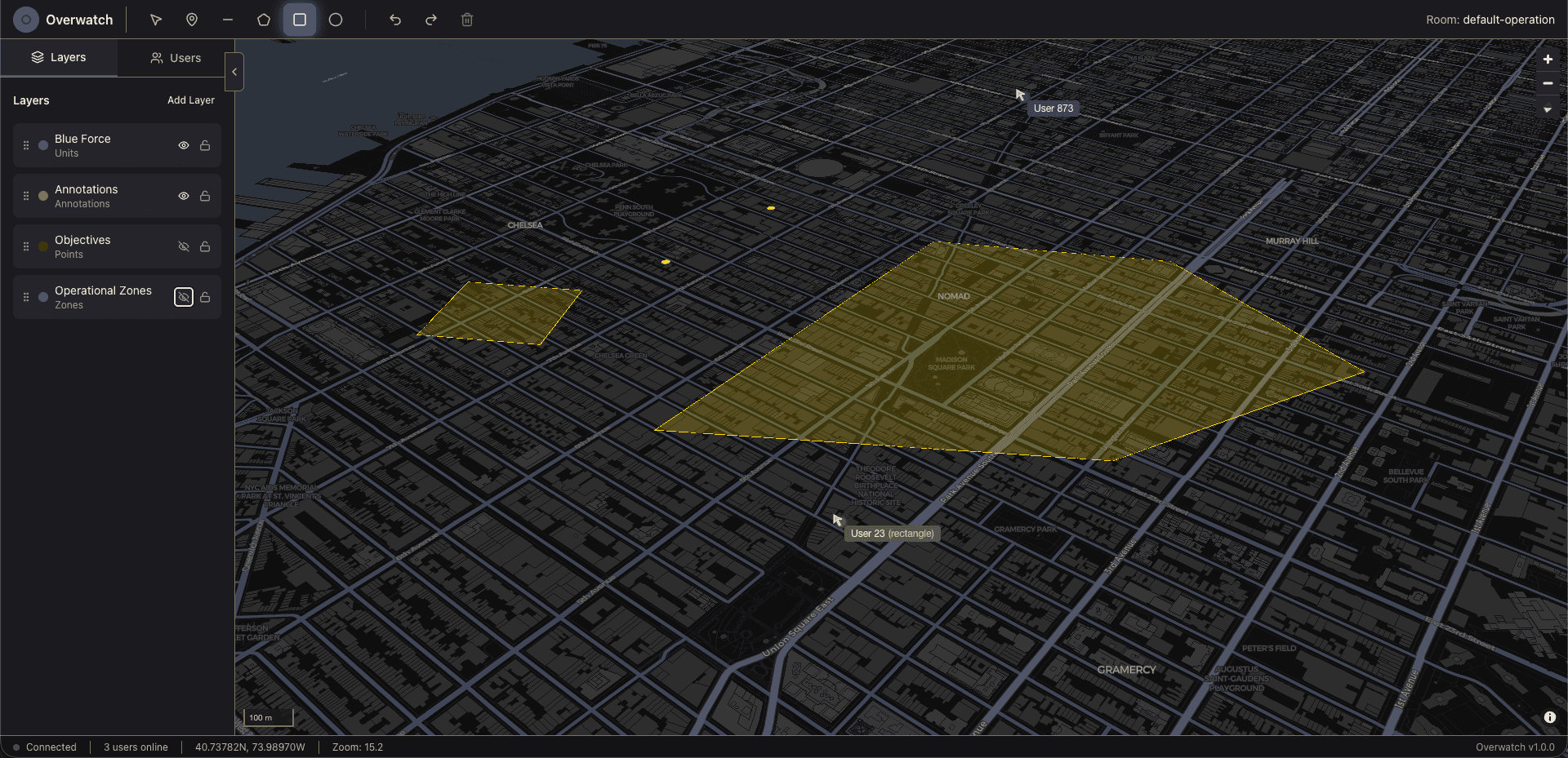 Overwatch — collaborative zones on a 3D map