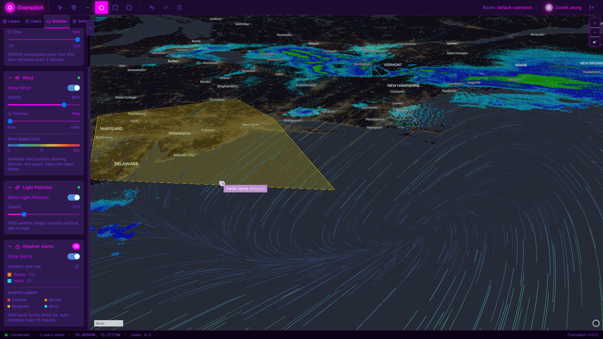 Weather overlays with wind particles and satellite imagery